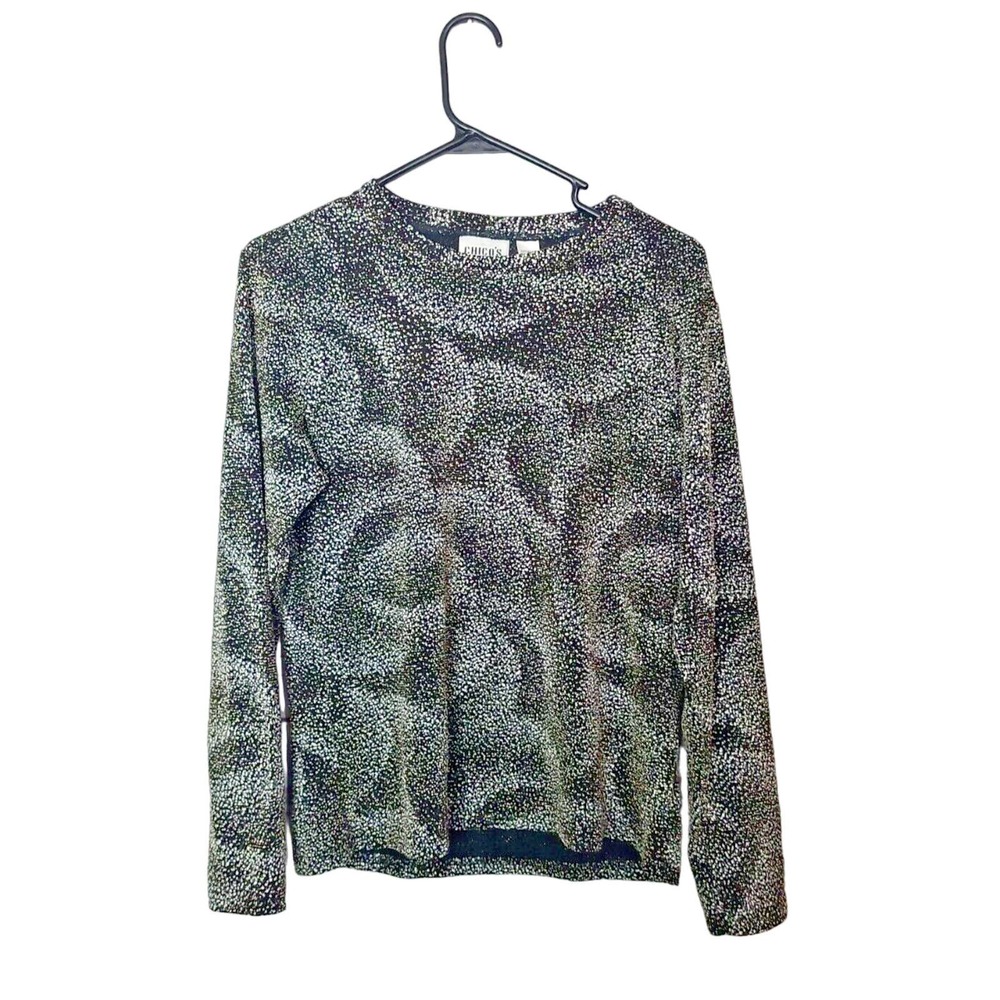 Chico's Design Black White Curve Swirl Spot‎ Print Long Sleeve Top Womans Size 2